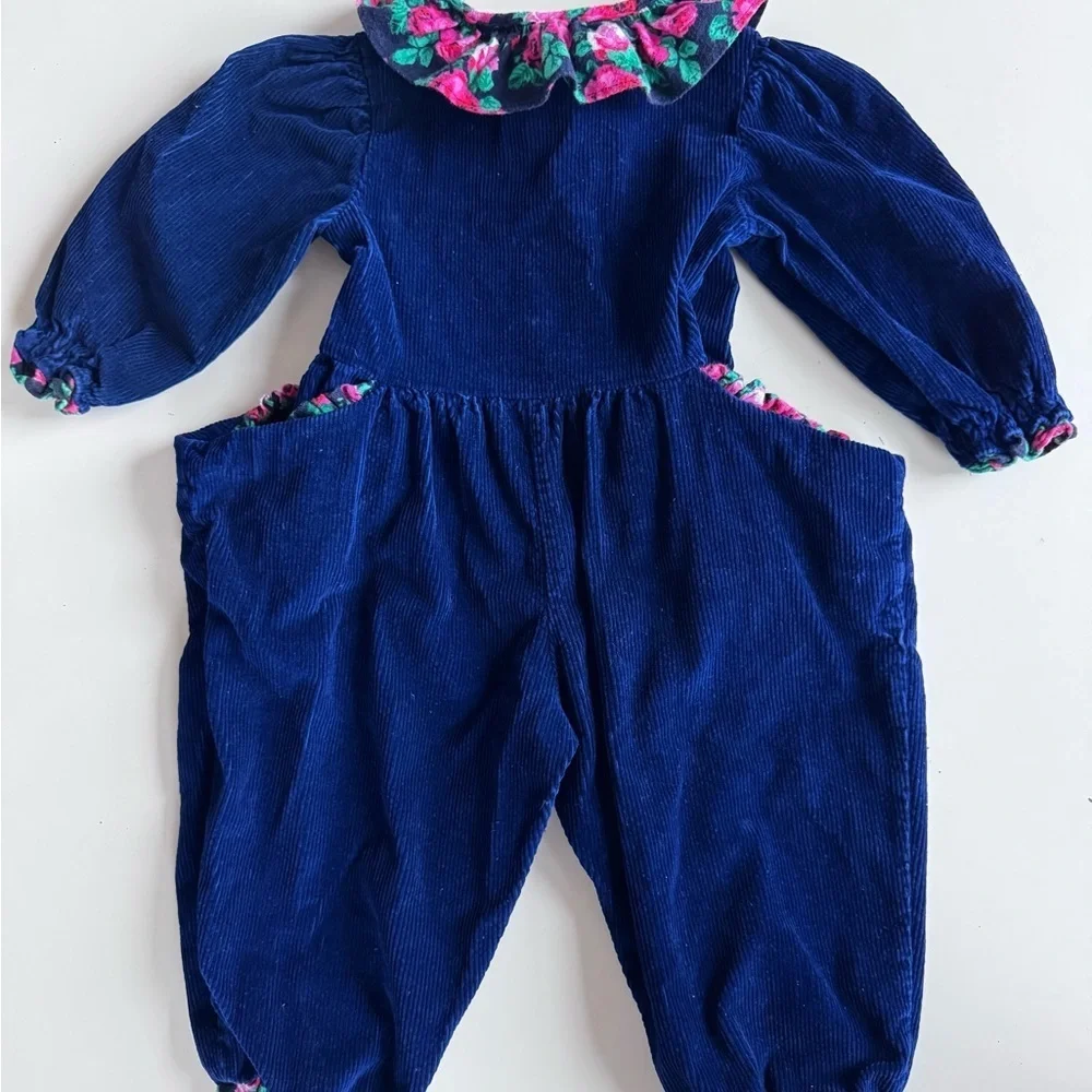 Vintage 80s 90s Blue Corduroy Floral Collar Jumper Romper Outfit Toddler 2T